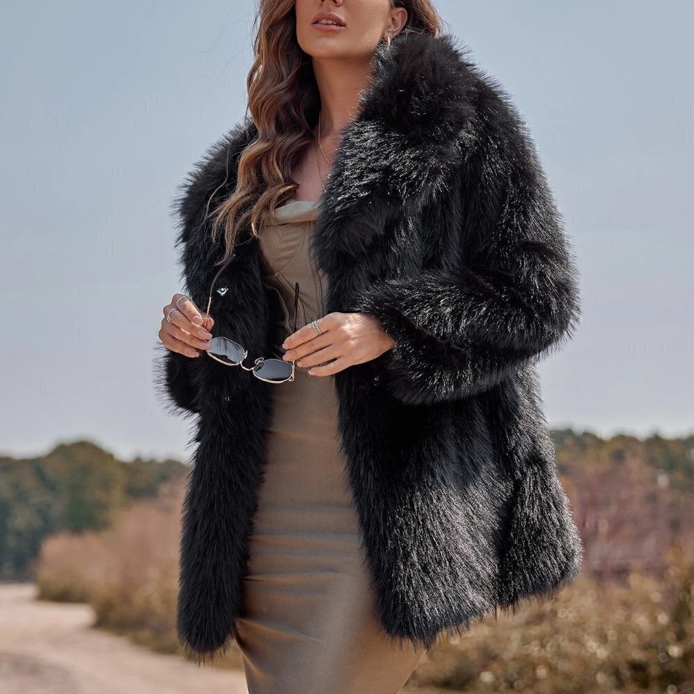 Black Preppy Womens Lapel Neck Slant Pockets Fuzzy Coat